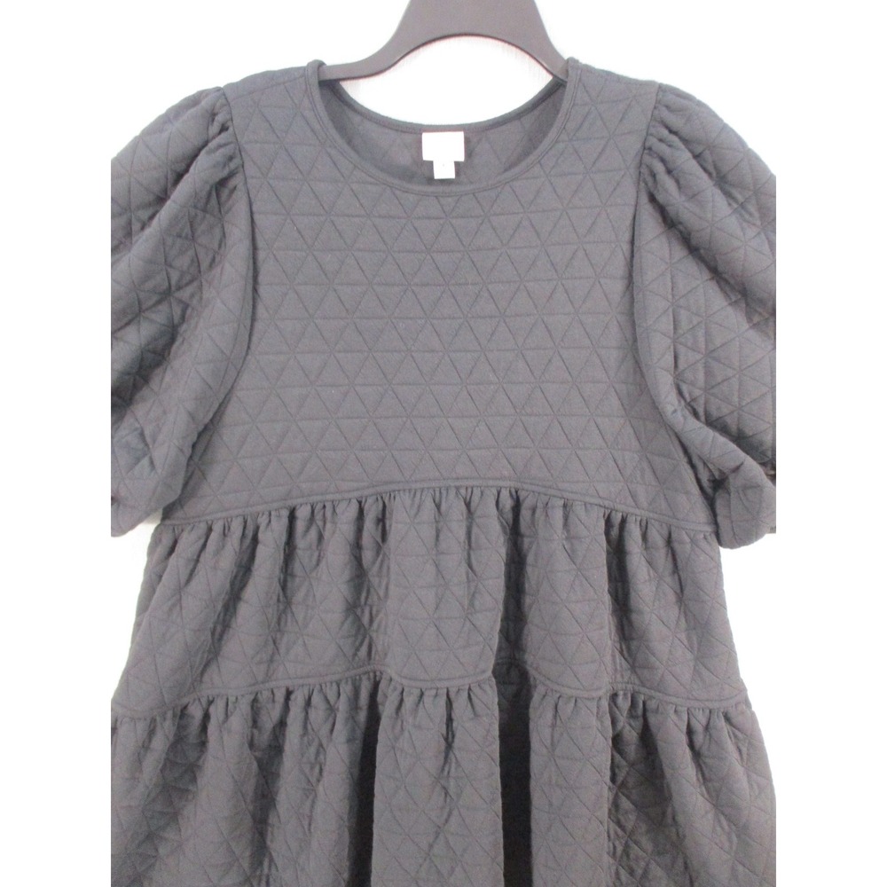 A New Day Black Quilted Puff Sleeve Tiered Babydoll Mini Dress Large L - Picture 2 of 9
